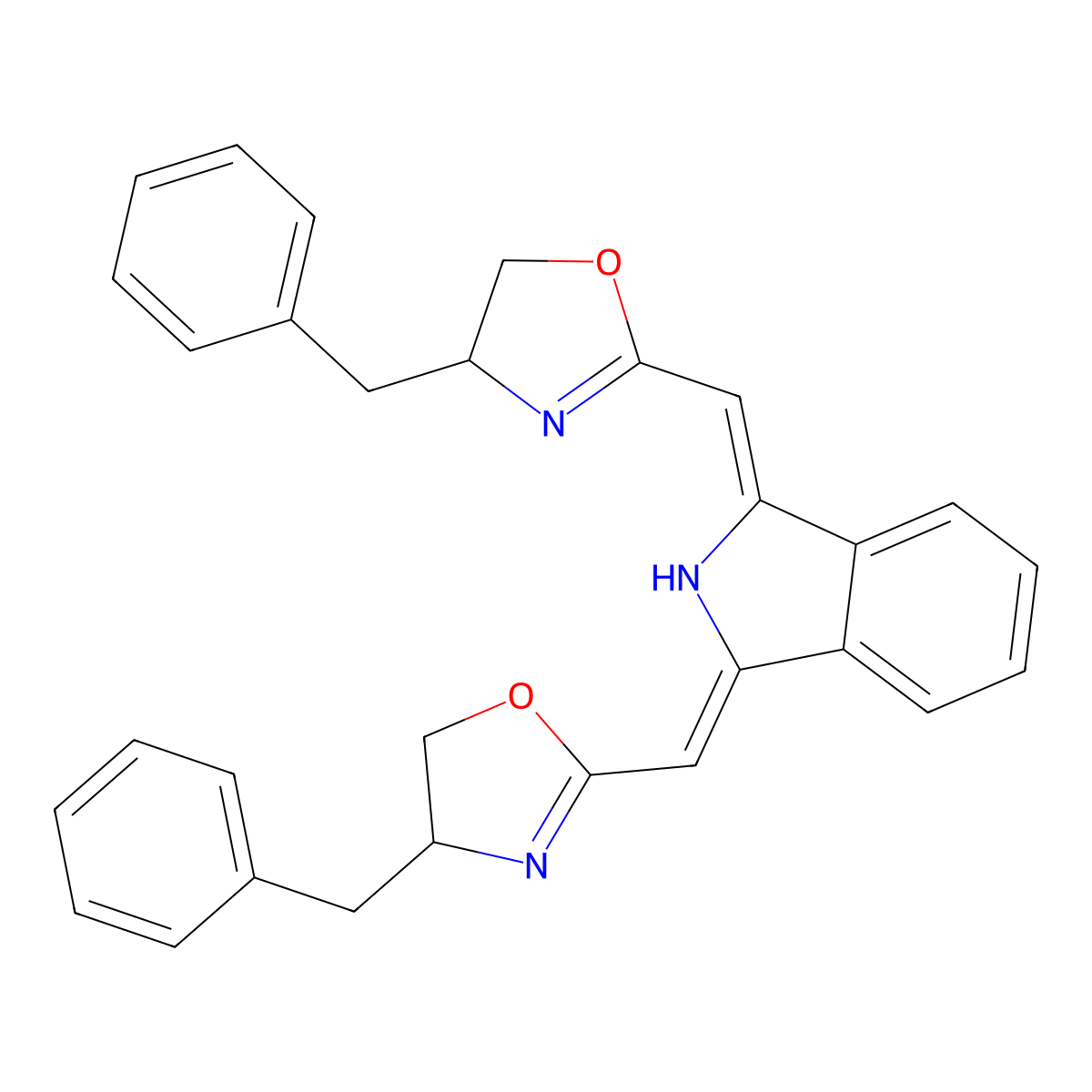 (1Z,3Z)-1,3-Bis(((R)-4-benzyl-4,5-dihydrooxazol-2-yl)methylene)isoindoline molecular structure, CAS 2828432-08-0