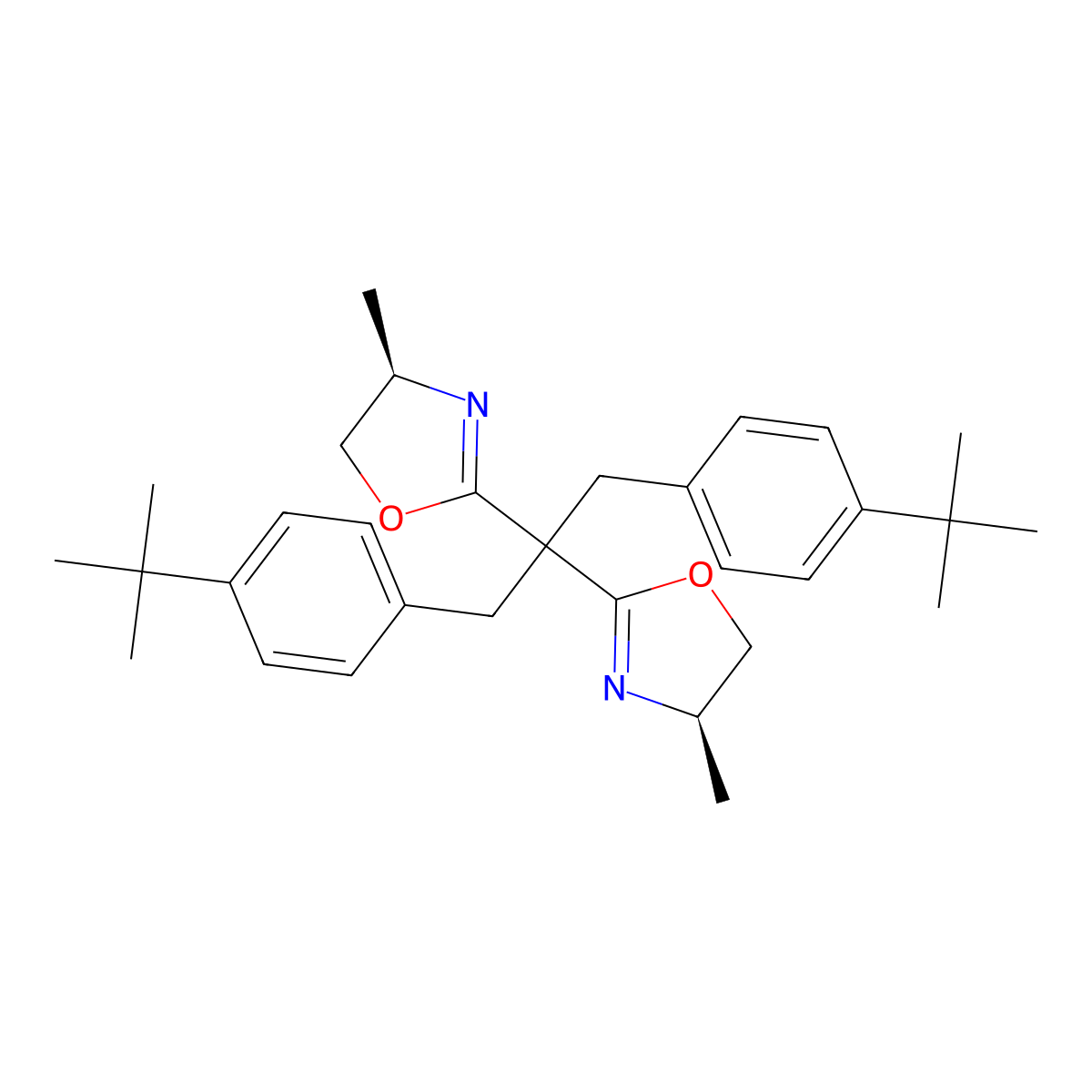 (4R,4'R)-2,2'-(1,3-Bis(4-(tert-butyl)phenyl)propane-2,2-diyl)bis(4-methyl-4,5-dihydrooxazole) molecular structure, CAS 2828432-11-5