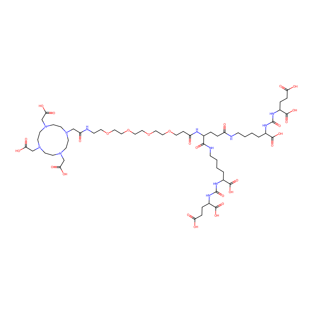 (3S,7S,14R,23S,27S)-5,13,17,25-Tetraoxo-14-(2-oxo-1-(4,7,10-tris(carboxymethyl)-1,4,7,10-tetraazacyclododecan-1-yl)-6,9,12,15-tetraoxa-3-azaoctadecanamido)-4,6,12,18,24,26-hexaazanonacosane-1,3,7,23,27,29-hexacarboxylic acid molecular structure, CAS 2828433-41-4