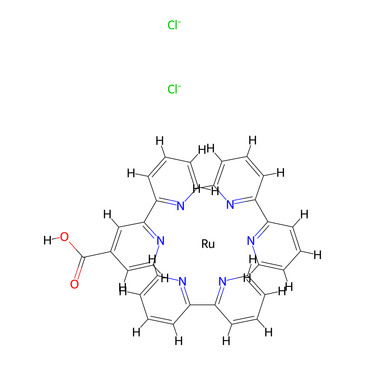 Ruthenium(1+), bis(2,2'-bipyridine-κN1,κN1')([2,2'-bipyridine]-4-carboxylato-κN1,κN1')-, hydrogen chloride (1:1:2) molecular structure, CAS 2828433-57-2