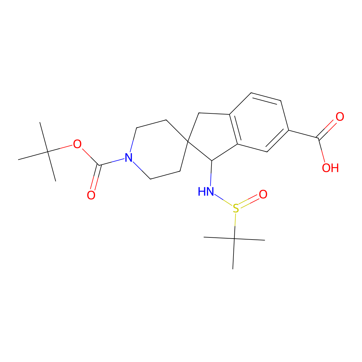 (3S)-3-[[(R)-tert-butylsulfinyl]amino]-1'-[(2-methylpropan-2-yl)oxycarbonyl]spiro[1,3-dihydroindene-2,4'-piperidine]-5-carboxylic acid molecular structure, CAS 2828433-80-1