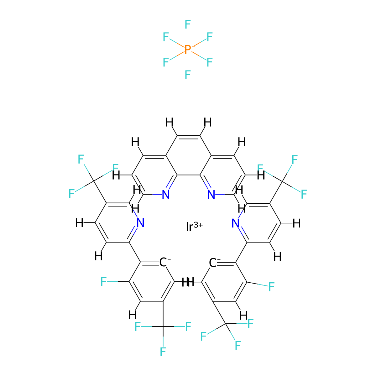 Iridium-(1,10-phenanthroline-κN1,κN10)bis[(3-fluoro-5-trifluoromethyl)-2-(5-trifluoromethyl-2-pyridinyl-κN)phenyl-κC]-hexafluorophosphate molecular structure, CAS 2828437-79-0