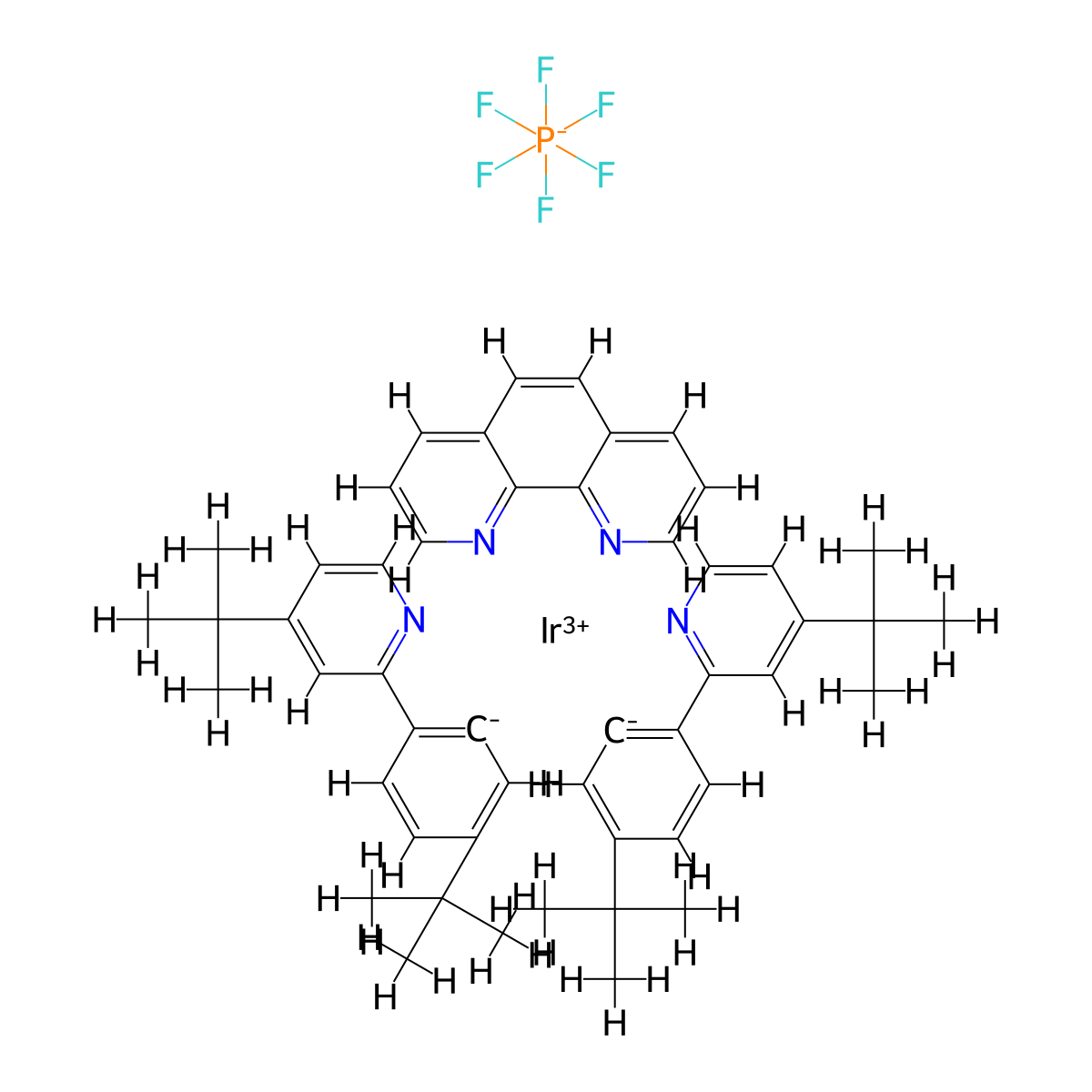Iridium-(1,10-phenanthroline-κN1,κN10)bis[5-(1,1-dimethylethyl)-2-[4-(1,1-dimethylethyl)-2-pyridinyl-κN]phenyl-κC]-(OC-6-33)-hexafluorophosphate molecular structure, CAS 2828437-80-3