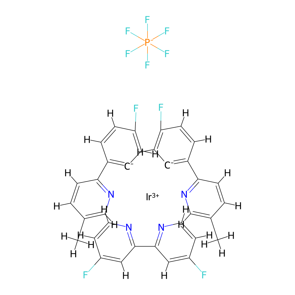 Iridium-bis[5-fluoro-2-(5-methyl-2-pyridinyl-κN)phenyl-κC](4,4'-difluoro-2,2'-bipyridine-κN1,κN1')-hexafluorophosphate molecular structure, CAS 2828437-88-1