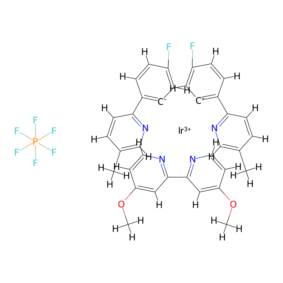 Iridium-bis[5-fluoro-2-(5-methyl-2-pyridinyl-κN)phenyl-κC](4,4'-dimethoxy-2,2'-bipyridine-κN1,κN1')-hexafluorophosphate molecular structure, CAS 2828437-90-5
