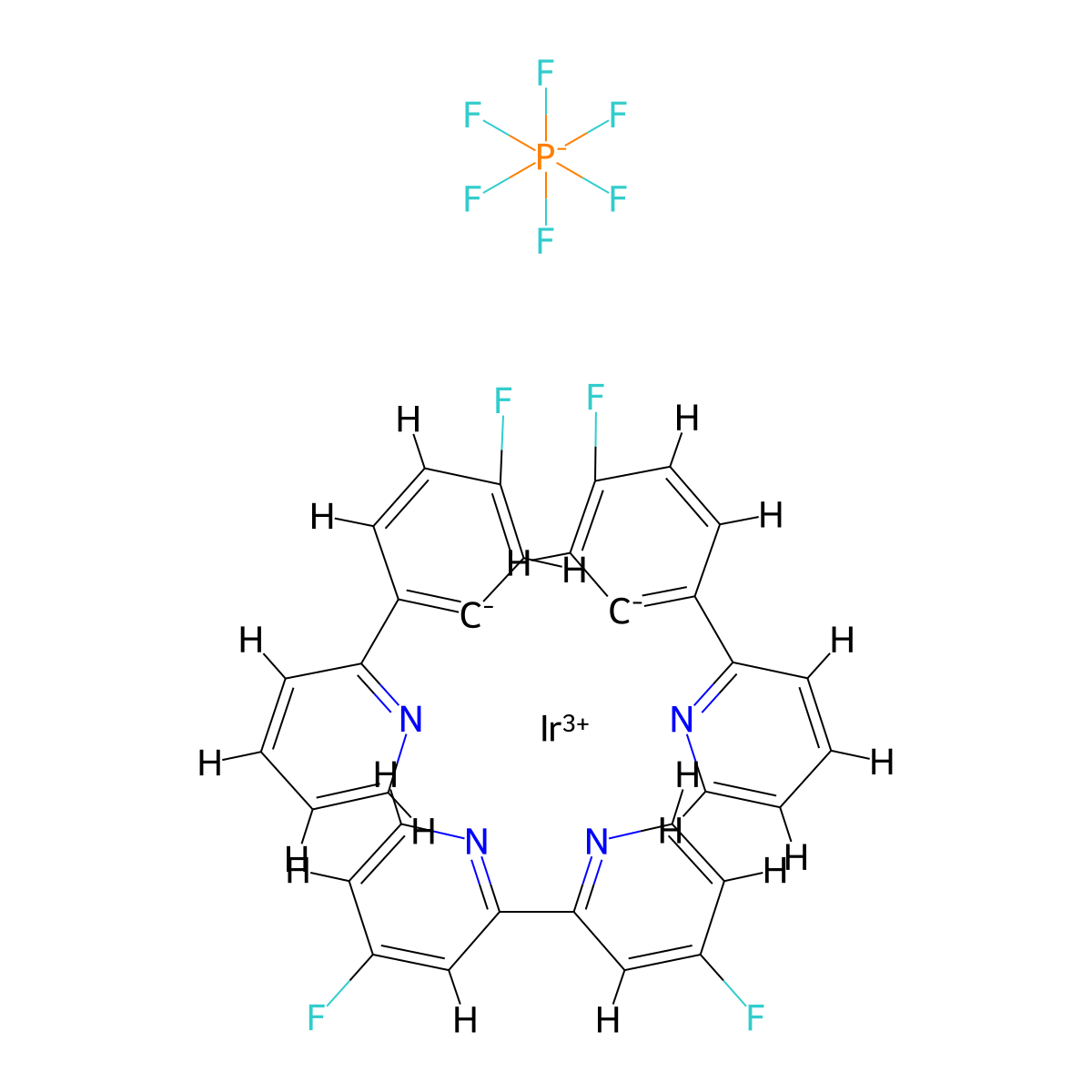 Iridium-bis[5-fluoro-2-(2-pyridinyl-κN)phenyl-κC](4,4'-difluoro-2,2'-bipyridine-κN1,κN1')-hexafluorophosphate molecular structure, CAS 2828437-92-7