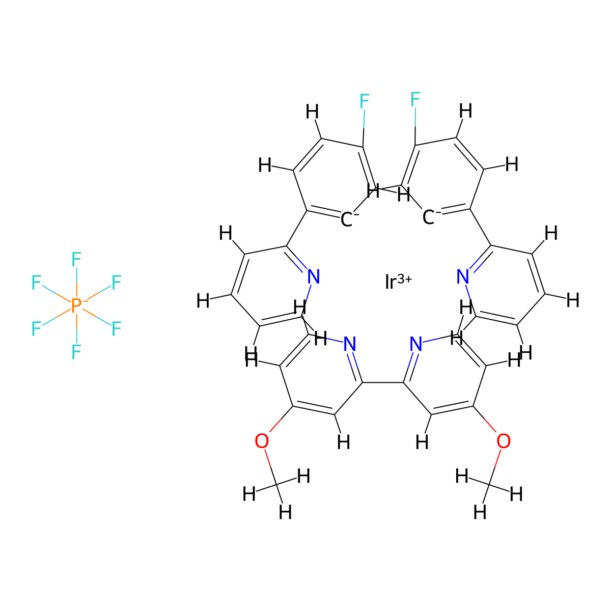 Iridium-bis[5-fluoro-2-(2-pyridinyl-κN)phenyl-κC](4,4'-dimethoxy-2,2'-bipyridine-κN1,κN1')-hexafluorophosphate molecular structure, CAS 2828437-94-9