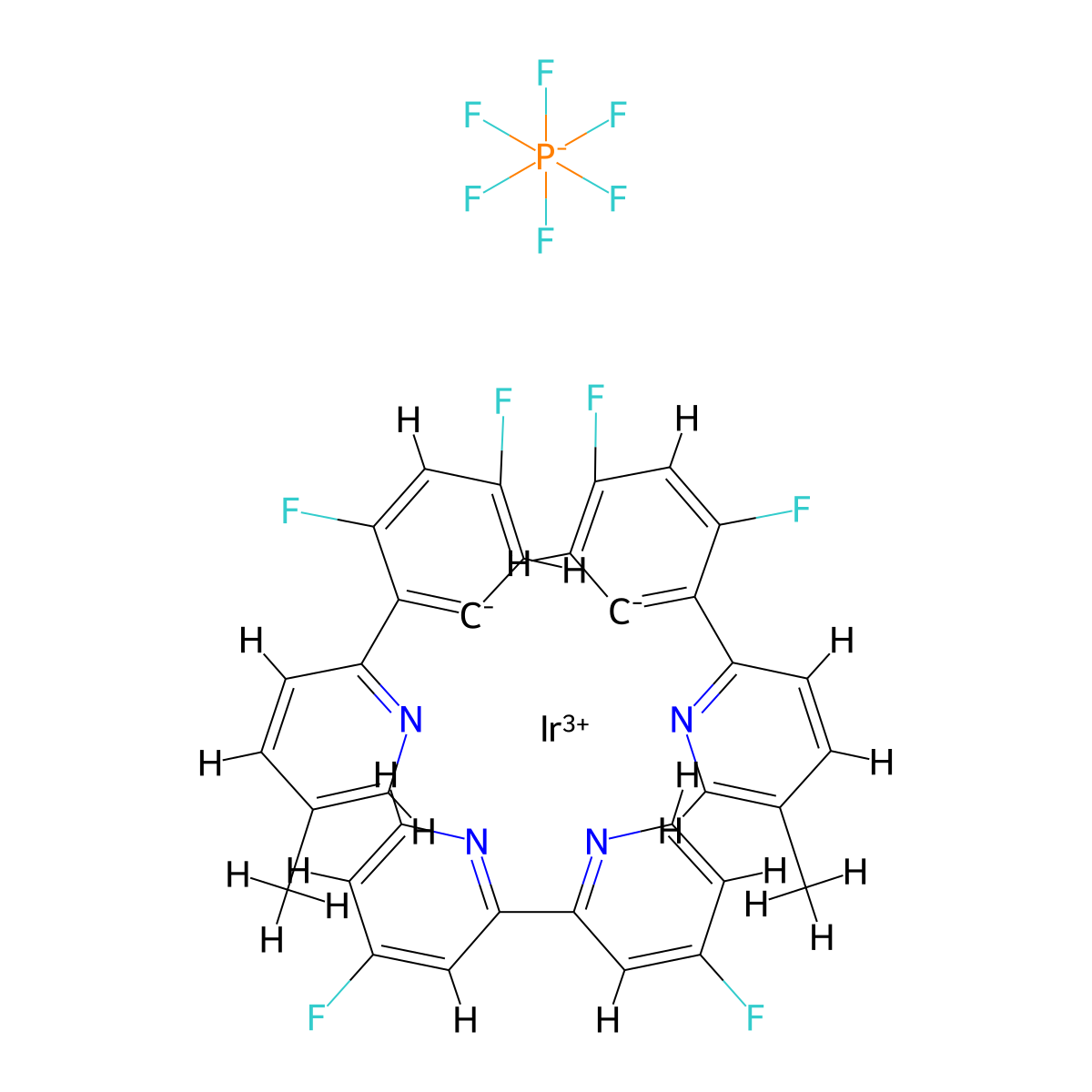 Iridium-(4,4'-difluoro-2,2'-bipyridine-κN1,κN1')bis[3,5-difluoro-2-(5-methyl-2-pyridinyl-κN)phenyl-κC]-hexafluorophosphate , Ir(dF(Me)ppy)2(dFbpy)PF6 molecular structure, CAS 2828437-96-1