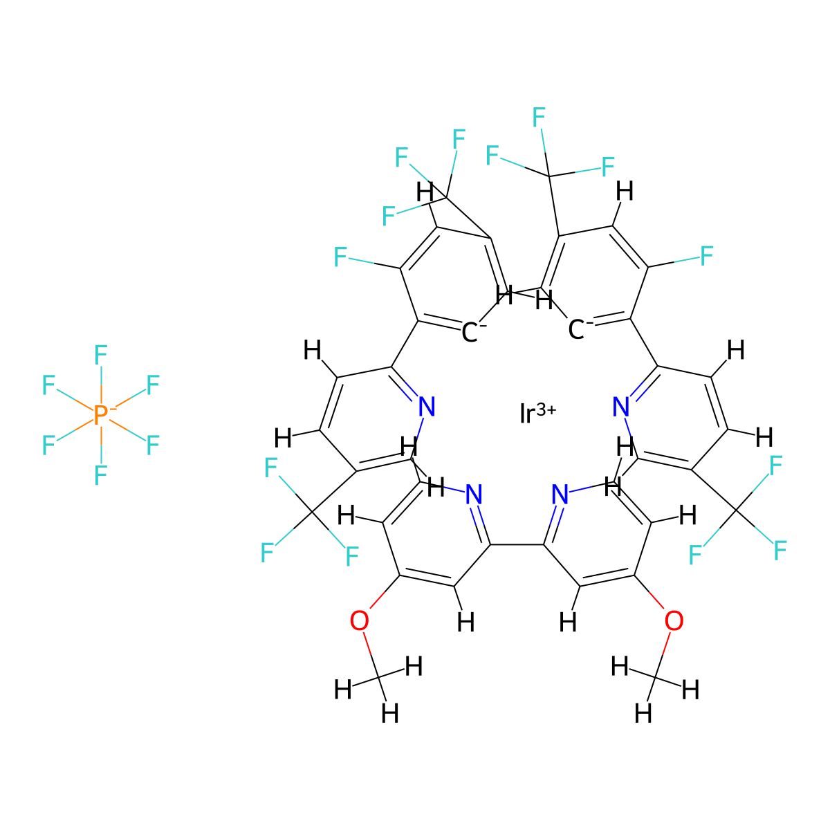 Iridium-(4,4'-dimethoxy-2,2'-bipyridine-κN1,κN1')bis[(3-fluoro-5-trifluoromethyl)-2-(5-trifluoromethyl-2-pyridinyl-κN)phenyl-κC]-hexafluorophosphate molecular structure, CAS 2828438-02-2