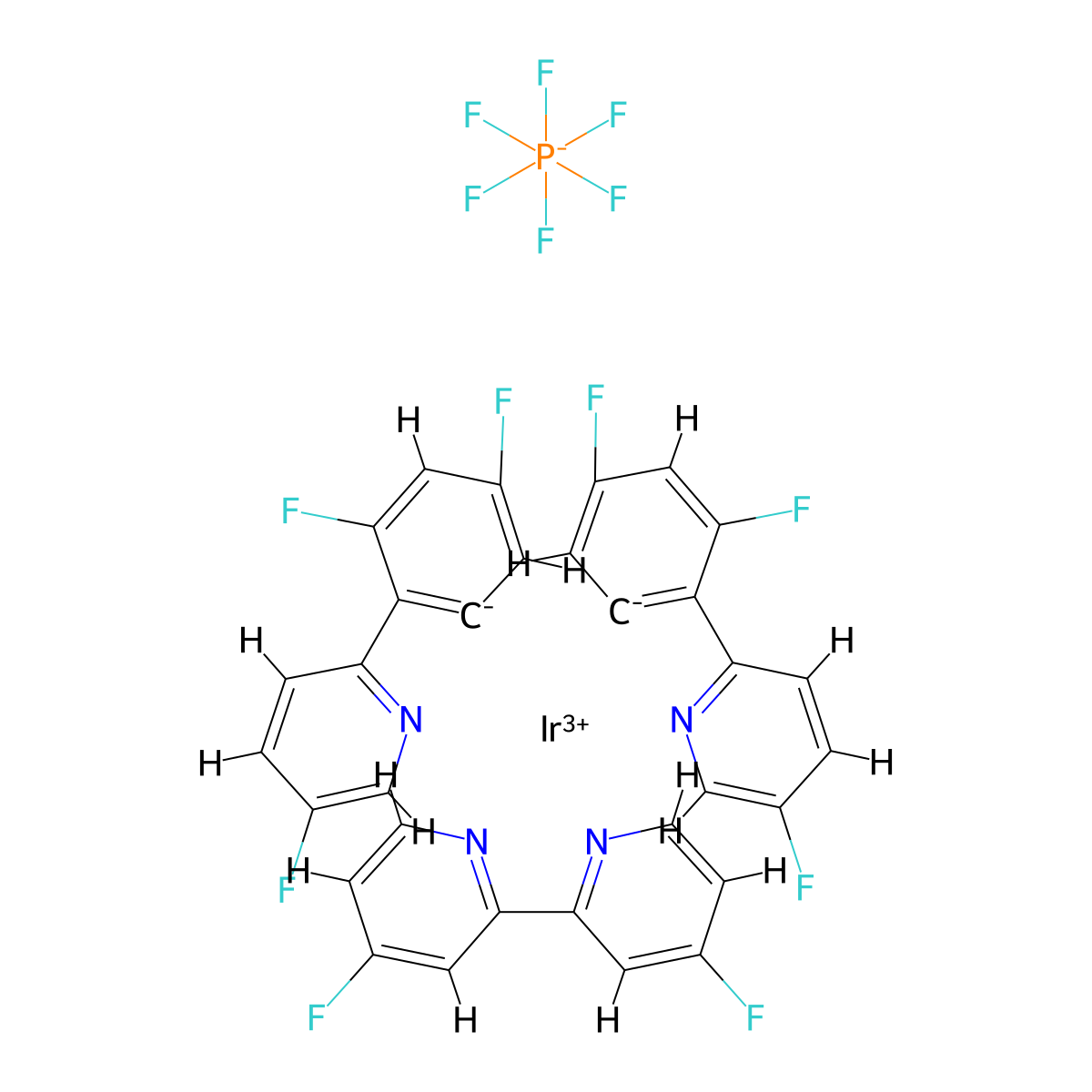 Iridium-(4,4'-difluoro-2,2'-bipyridine-κN1,κN1')bis[3,5-difluoro-2-(5-fluoro-2-pyridinyl-κN)phenyl-κC]-hexafluorophosphate , Ir(dF(F)ppy)2(dFbpy)PF6 molecular structure, CAS 2828438-10-2