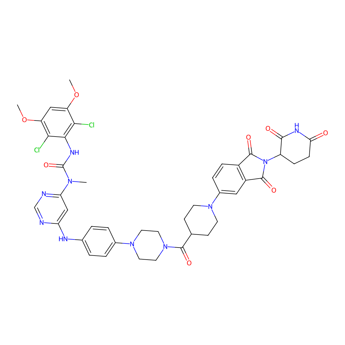 3-(2,6-Dichloro-3,5-dimethoxyphenyl)-1-(6-((4-(4-(1-(2-(2,6-dioxopiperidin-3-yl)-1,3-dioxoisoindolin-5-yl)piperidine-4-carbonyl)piperazin-1-yl)phenyl)amino)pyrimidin-4-yl)-1-methylurea molecular structure, CAS 2828438-38-4