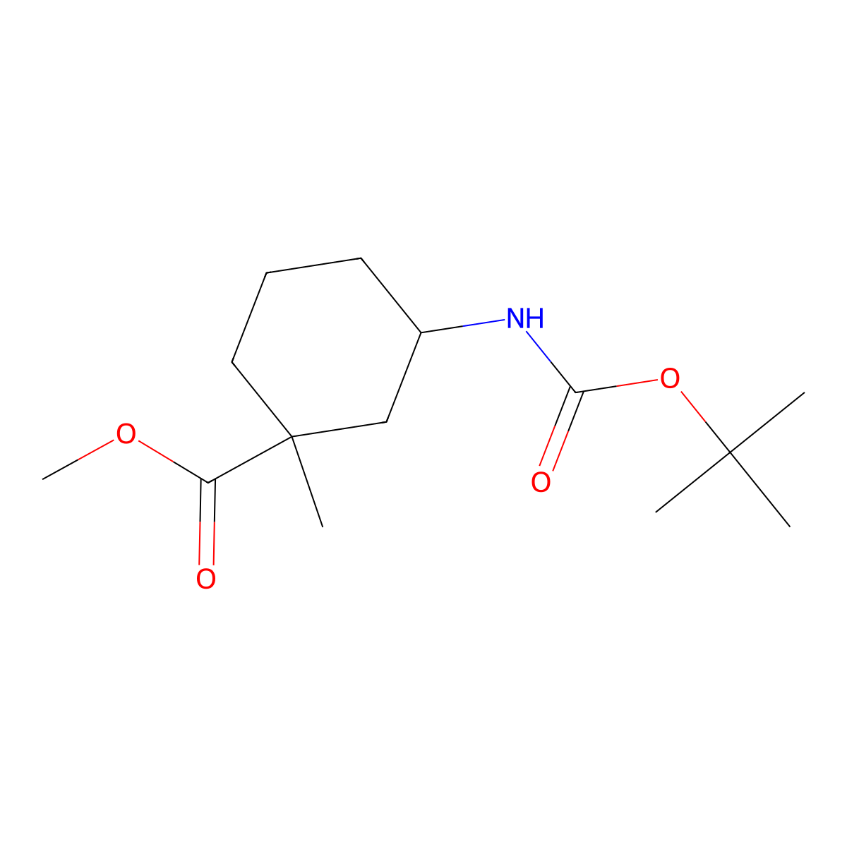Rel-methyl (1R,3S)-3-((tert-butoxycarbonyl)amino)-1-methylcyclohexane-1-carboxylate molecular structure, CAS 2828439-35-4