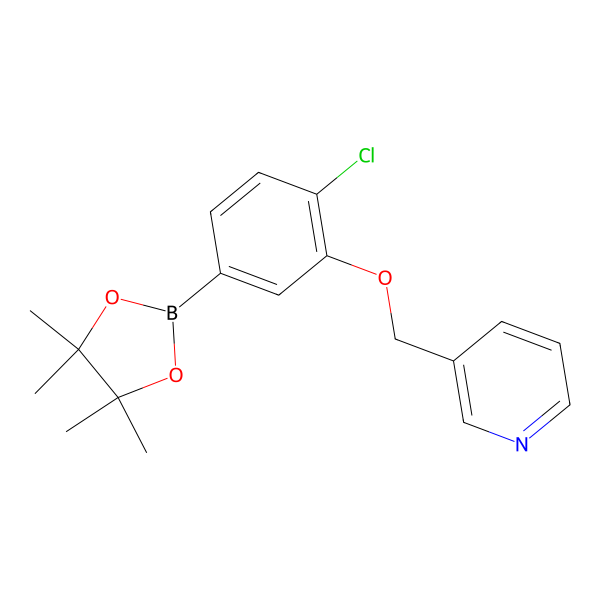 3-((2-Chloro-5-(4,4,5,5-tetramethyl-1,3,2-dioxaborolan-2-yl)phenoxy)methyl)pyridine molecular structure, CAS 2828446-51-9