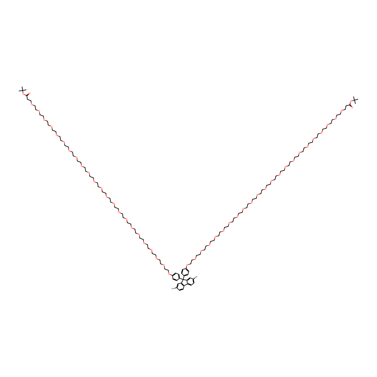 Di-tert-butyl 1,1'-(((2,7-dibromo-9H-fluorene-9,9-diyl)bis(4,1-phenylene))bis(oxy))bis(3,6,9,12,15,18,21,24,27,30,33,36,39,42,45,48,51,54,57,60,63,66-docosaoxanonahexacontan-69-oate) molecular structure, CAS 2828447-04-5