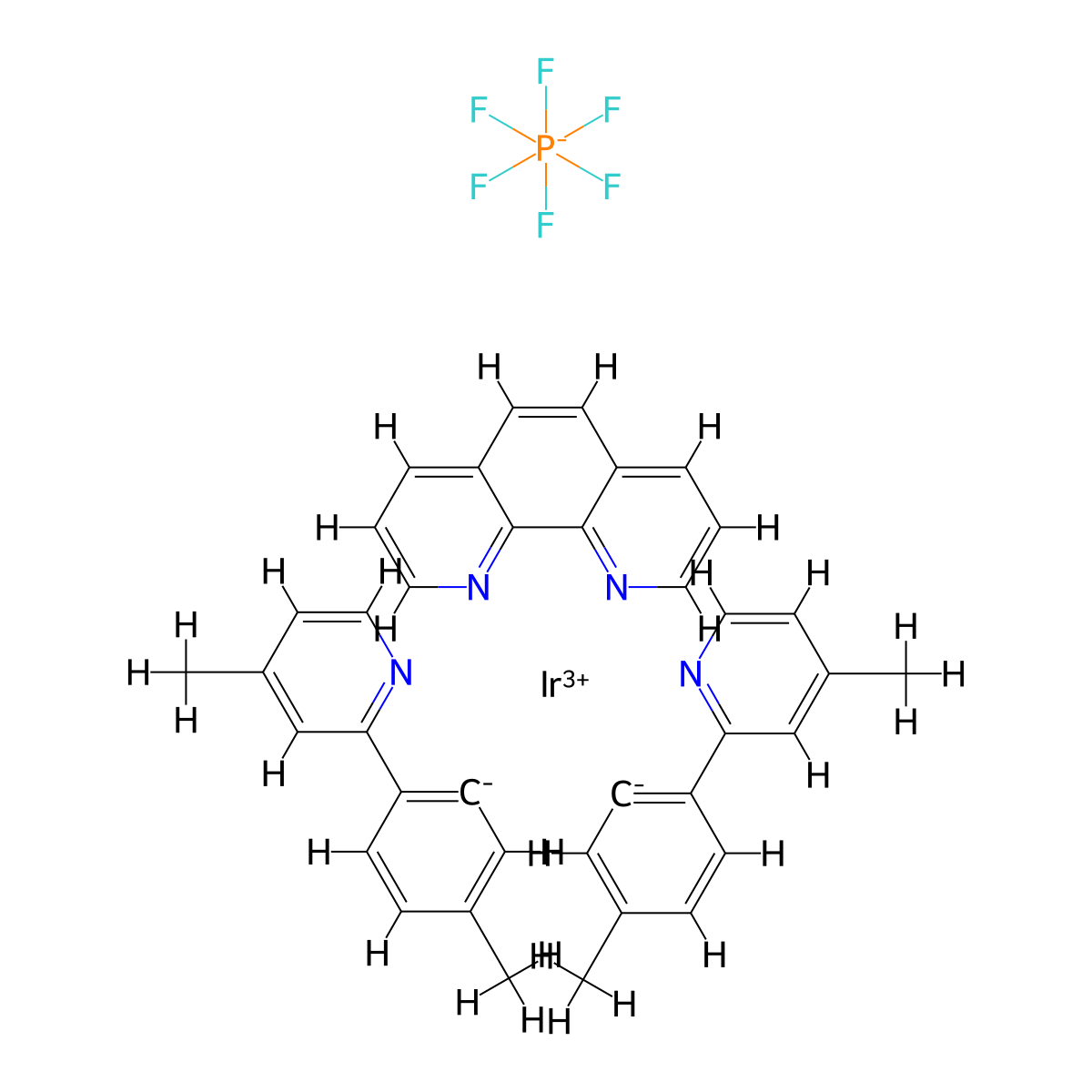 Iridium-(1,10-phenanthroline-κN1,κN10)bis[5-methyl-2-(4-methyl-2-pyridinyl-κN)phenyl-κC]-(OC-6-33)-hexafluorophosphate molecular structure, CAS 2828447-21-6