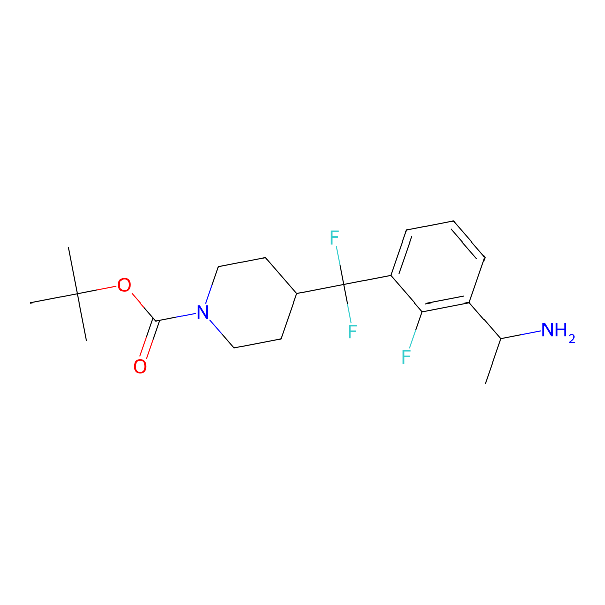 tert-butyl (R)-4-((3-(1-aminoethyl)-2-fluorophenyl)difluoromethyl)piperidine-1-carboxylate molecular structure, CAS 2829250-27-1