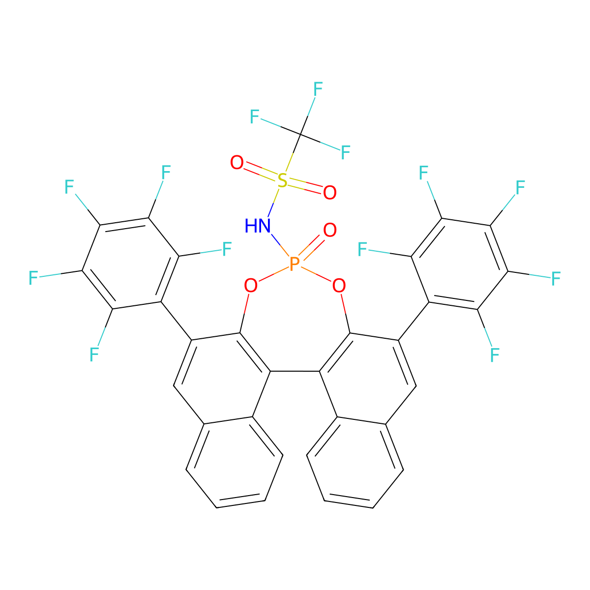 1,1,1-Trifluoro-N-((11bS)-4-oxido-2,6-bis(perfluorophenyl)dinaphtho[2,1-d:1',2'-f][1,3,2]dioxaphosphepin-4-yl)methanesulfonamide molecular structure, CAS 2829282-23-5