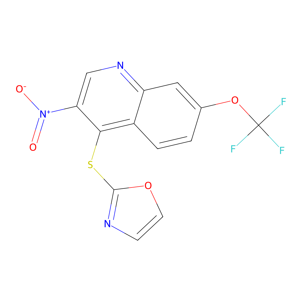 3-Nitro-4-(1,3-oxazol-2-ylsulfanyl)-7-(trifluoromethoxy)quinoline molecular structure, CAS 2829640-95-9