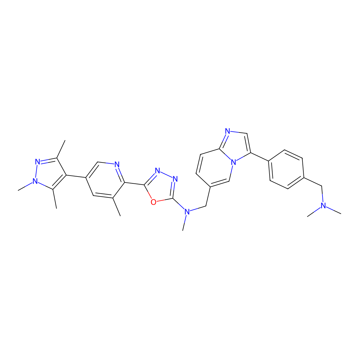 N-[[3-[4-[(dimethylamino)methyl]phenyl]imidazo[1,2-a]pyridin-6-yl]methyl]-N-methyl-5-[3-methyl-5-(1,3,5-trimethylpyrazol-4-yl)-2-pyridinyl]-1,3,4-oxadiazol-2-amine molecular structure, CAS 2830555-70-7