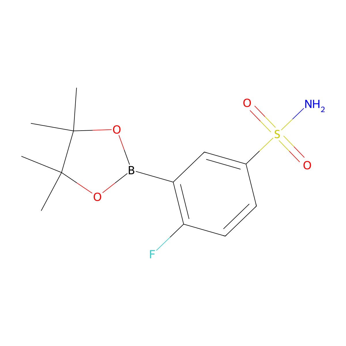 4-Fluoro-3-(4,4,5,5-tetramethyl-1,3,2-dioxaborolan-2-yl)benzene-1-sulfonamide molecular structure, CAS 2830711-53-8