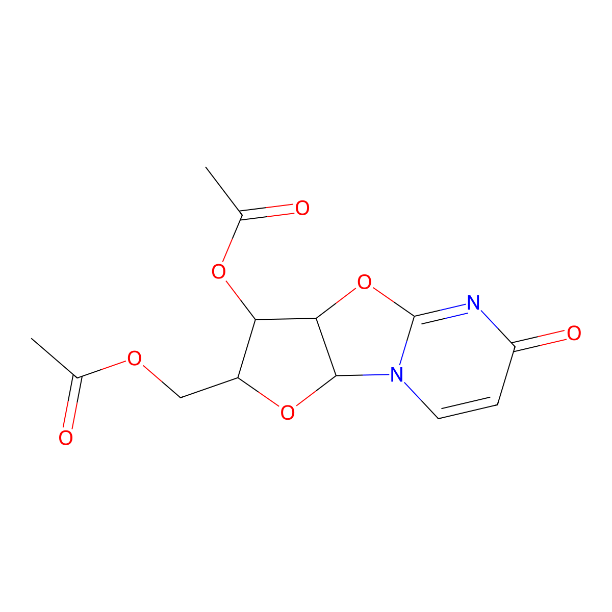 ((2R,3R,3aS,9aR)-3-Acetoxy-6-oxo-2,3,3a,9a-tetrahydro-6H-furo[2',3':4,5]oxazolo[3,2-a]pyrimidin-2-yl)methyl acetate molecular structure, CAS 28309-53-7
