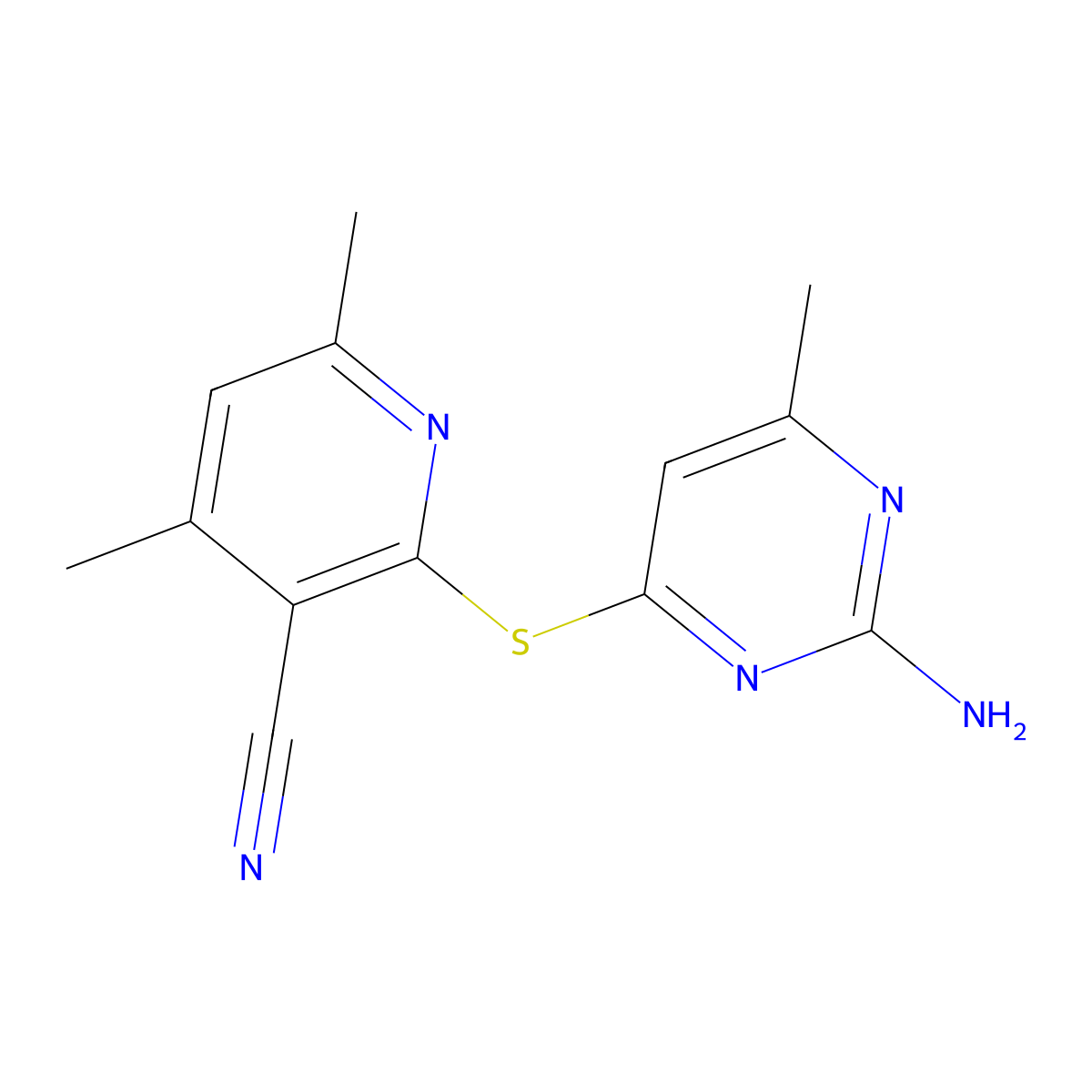 2-[(2-Amino-6-methylpyrimidin-4-yl)thio]-4,6-dimethylnicotinonitrile molecular structure, CAS 283171-80-2
