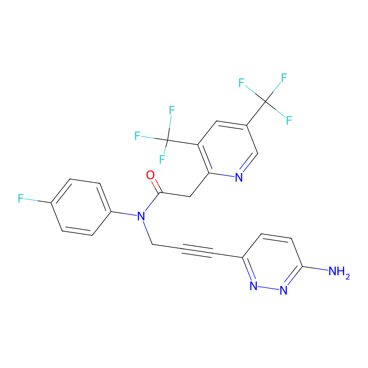N-(3-(6-Aminopyridazin-3-yl)prop-2-yn-1-yl)-2-(3,5-bis(trifluoromethyl)pyridin-2-yl)-N-(4-fluorophenyl)acetamide molecular structure, CAS 2832047-80-8