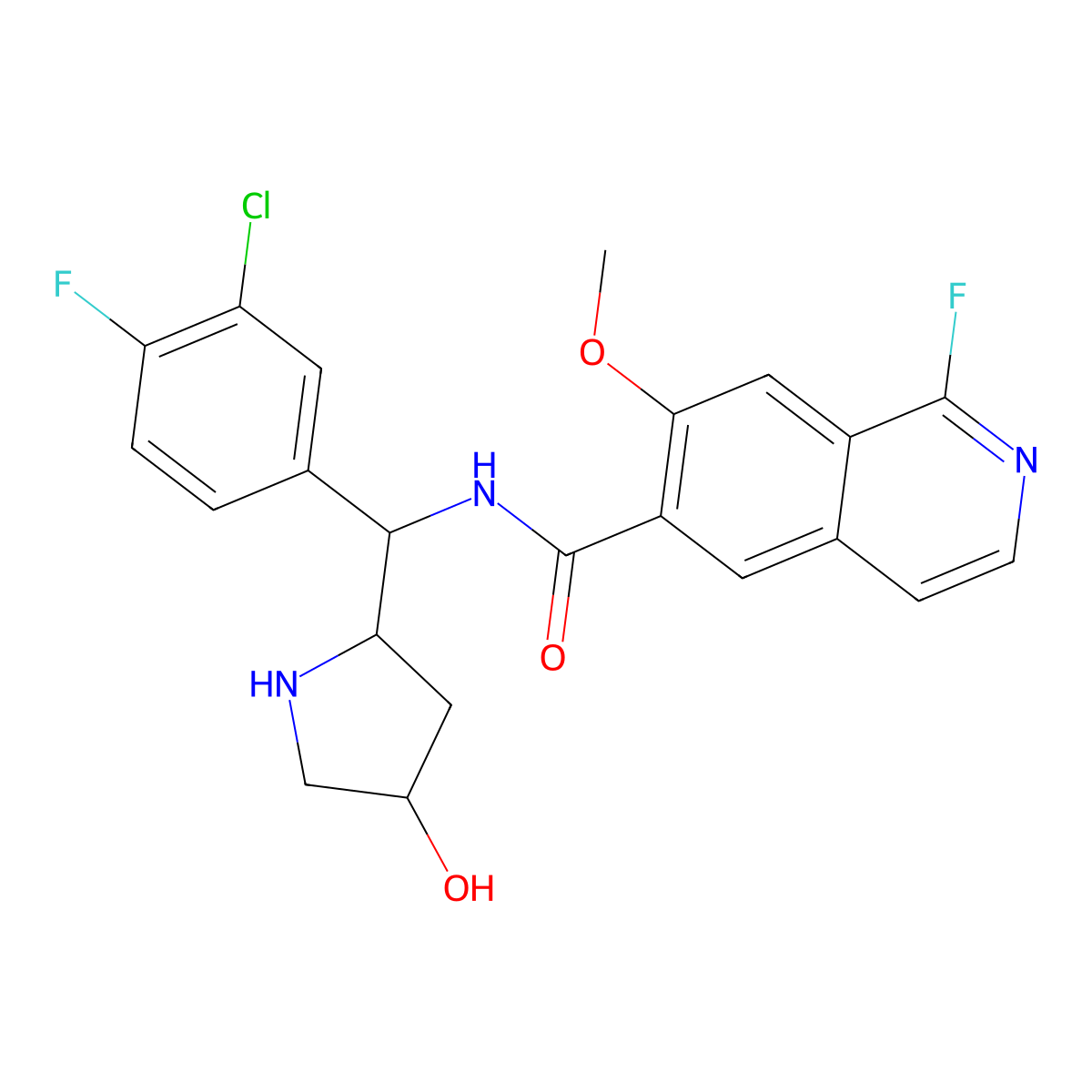N-[(S)-(3-chloro-4-fluorophenyl)-[(2S,4R)-4-hydroxypyrrolidin-2-yl]methyl]-1-fluoro-7-methoxyisoquinoline-6-carboxamide molecular structure, CAS 2832159-79-0