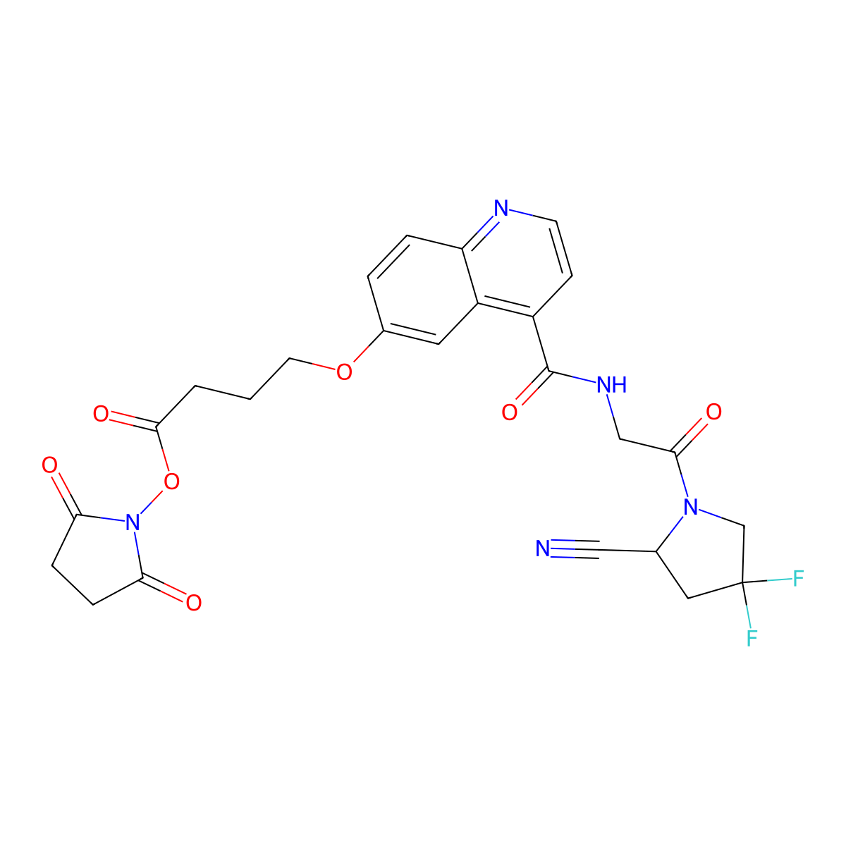 2,5-dioxopyrrolidin-1-yl (S)-4-((4-((2-(2-cyano-4,4-difluoropyrrolidin-1-yl)-2-oxoethyl)carbamoyl)quinolin-6-yl)oxy)butanoate molecular structure, CAS 2832792-96-6