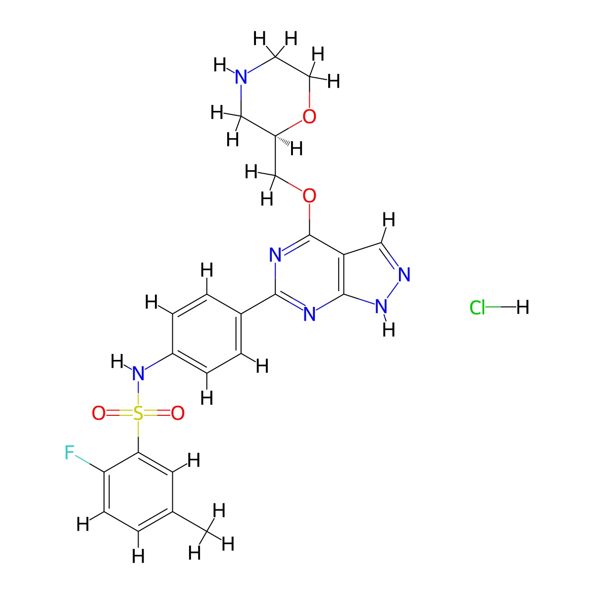 (R)-2-Fluoro-5-methyl-N-(4-(4-(morpholin-2-ylmethoxy)-1H-pyrazolo[3,4-d]pyrimidin-6-yl)phenyl)benzenesulfonamide hydrochloride molecular structure, CAS 2832888-22-7