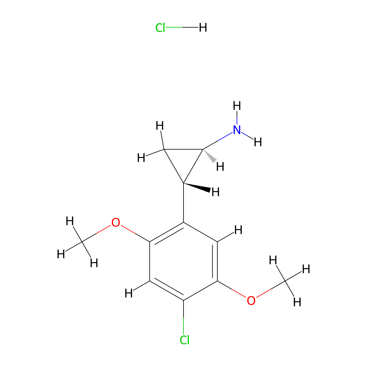 rac-(1R,2S)-2-(4-chloro-2,5-dimethoxyphenyl)cyclopropan-1-aminehydrochloride,trans molecular structure, CAS 2832888-24-9