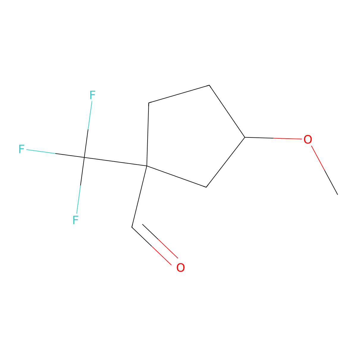 rac-(1R,3R)-3-methoxy-1-(trifluoromethyl)cyclopentane-1-carbaldehyde,trans molecular structure, CAS 2832888-35-2