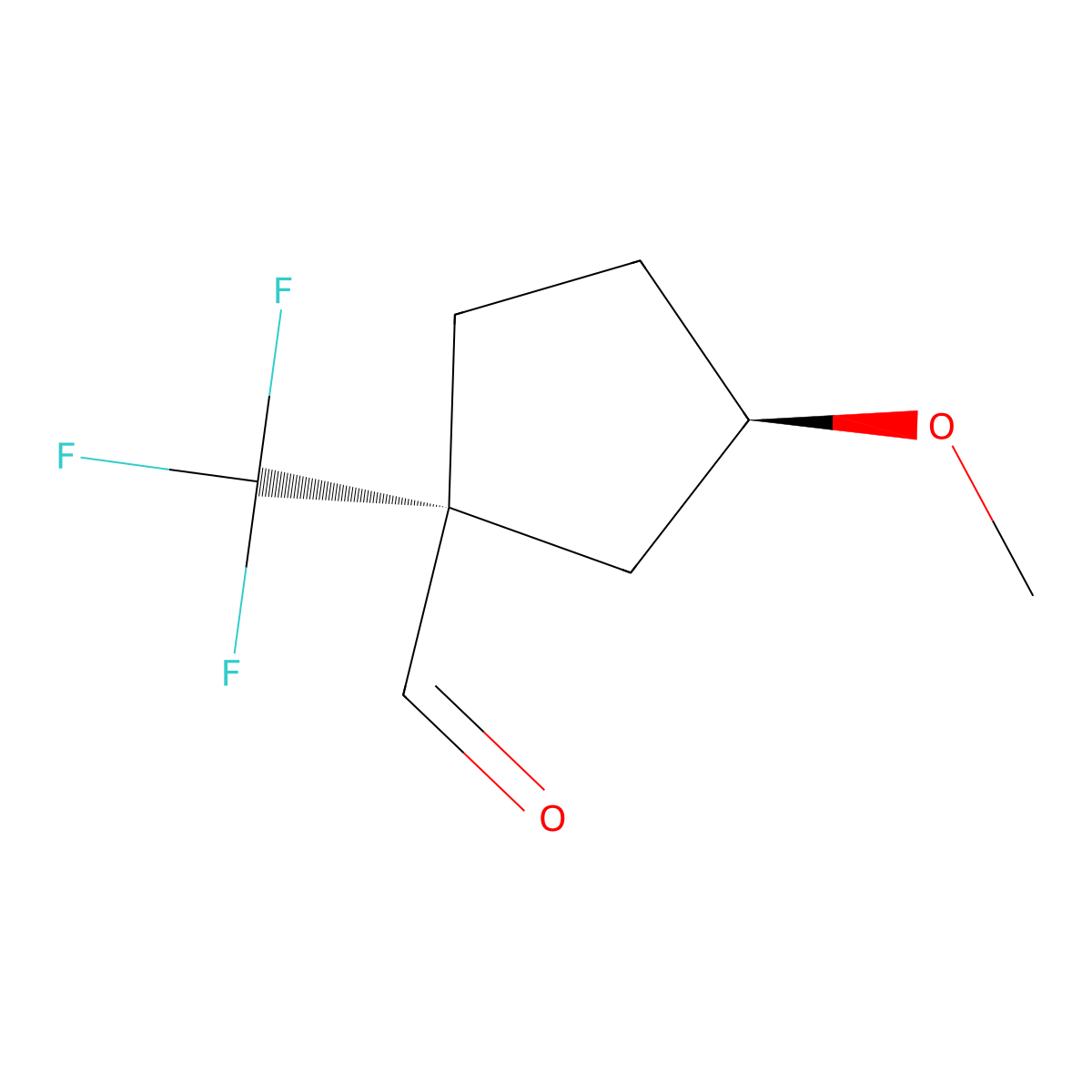 rac-(1R,3R)-3-methoxy-1-(trifluoromethyl)cyclopentane-1-carbaldehyde,trans molecular structure, CAS 2832888-35-2