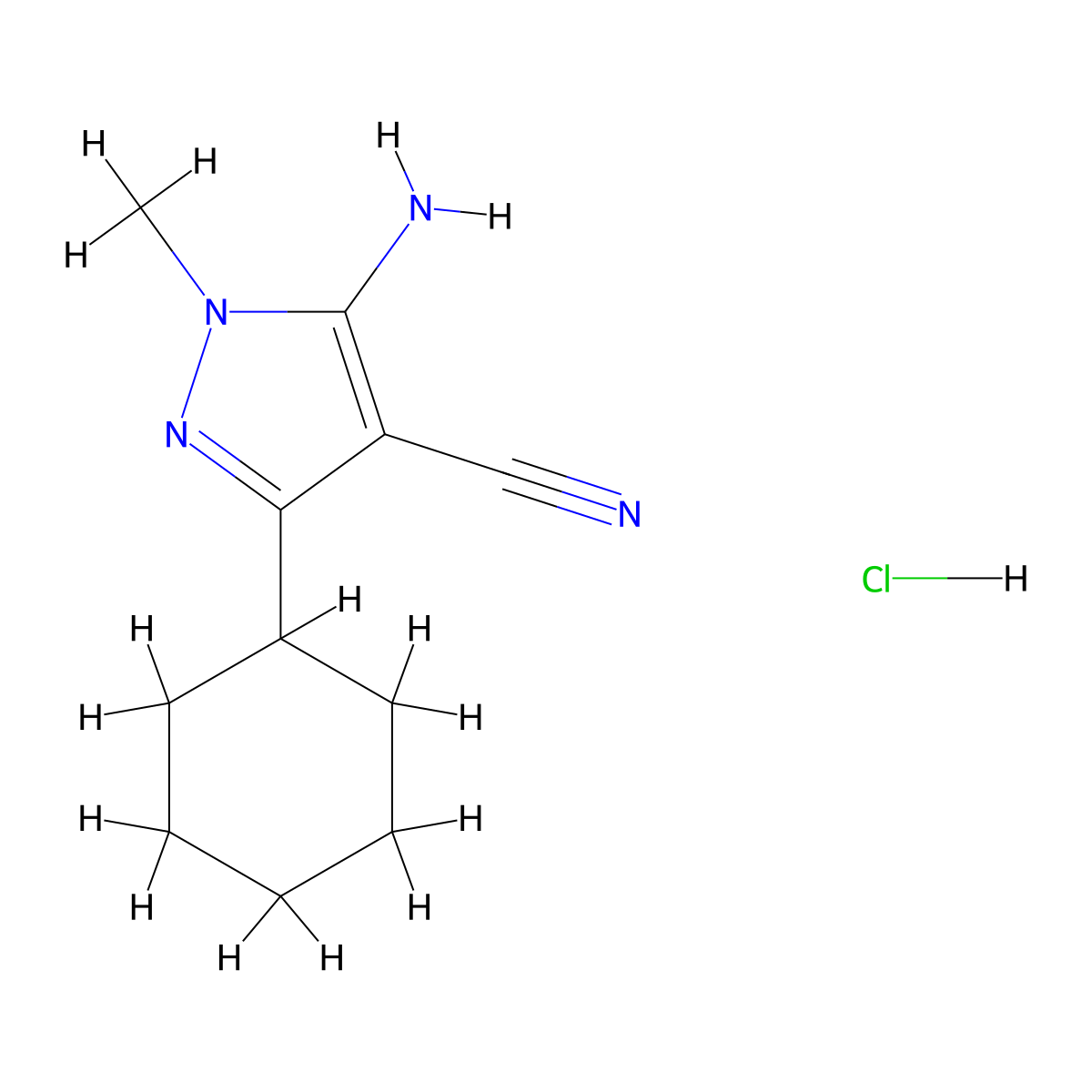 5-amino-3-cyclohexyl-1-methyl-1H-pyrazole-4-carbonitrile hydrochloride molecular structure, CAS 2832911-66-5