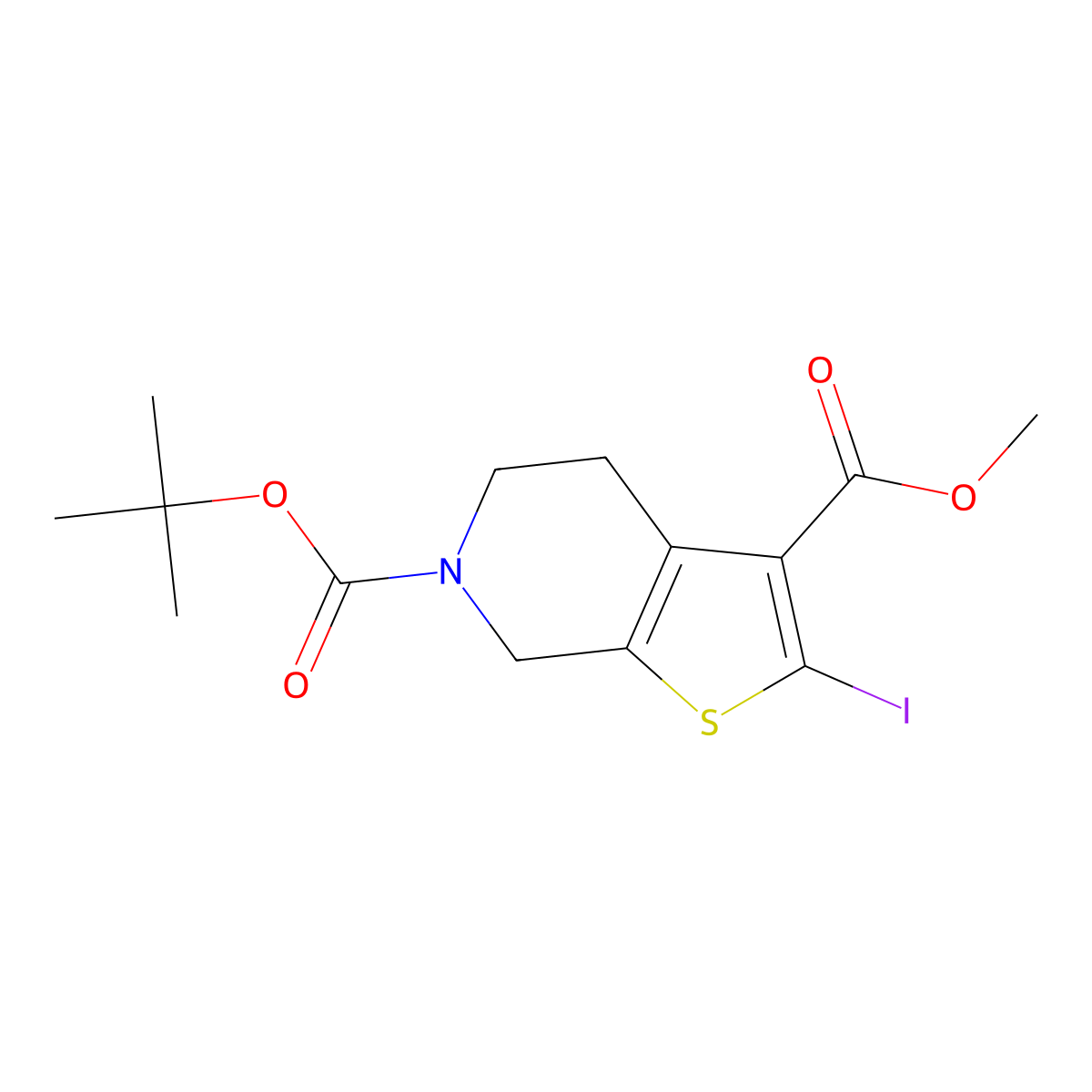 6-tert-butyl 3-methyl 2-iodo-4H,5H,6H,7H-thieno[2,3-c]pyridine-3,6-dicarboxylate molecular structure, CAS 2833067-28-8