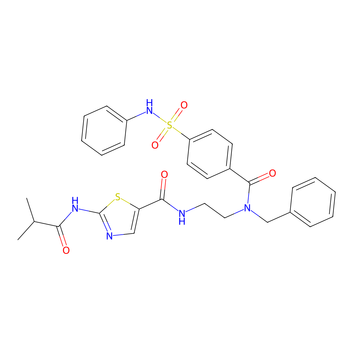 2-(2-methylpropanoylamino)-~{N}-[2-[(phenylmethyl)-[4-(phenylsulfamoyl)phenyl]carbonyl-amino]ethyl]-1,3-thiazole-5-carboxamide molecular structure, CAS 2834739-51-2