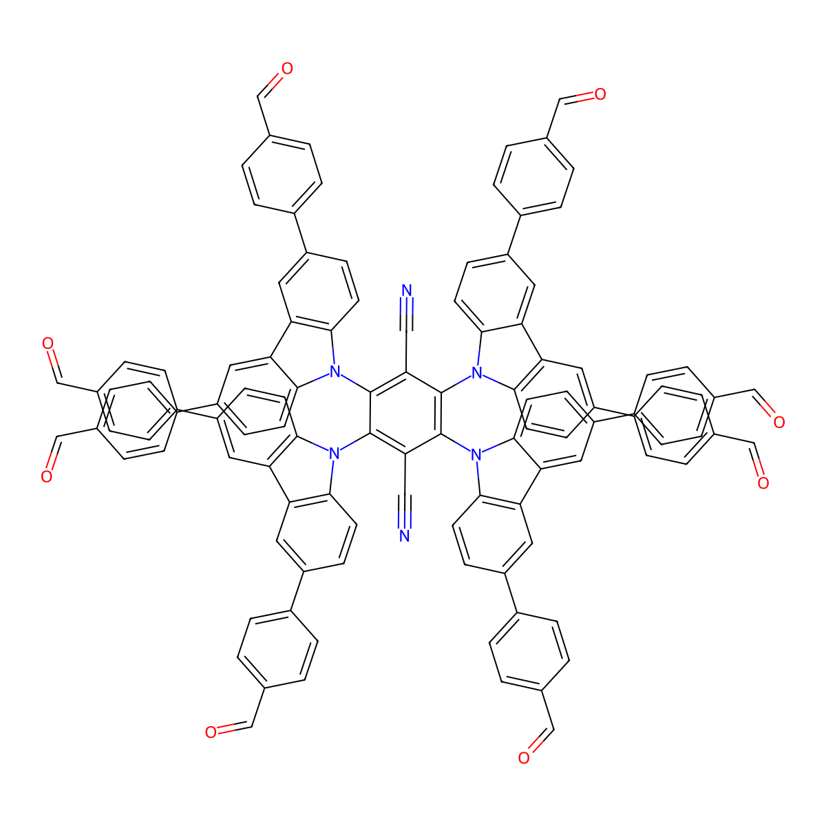 2,3,5,6-Tetrakis[3,6-bis(4-formylphenyl)-9H-carbazol-9-YL]-1,4-benzenedicarbonitrile molecular structure, CAS 2836304-34-6