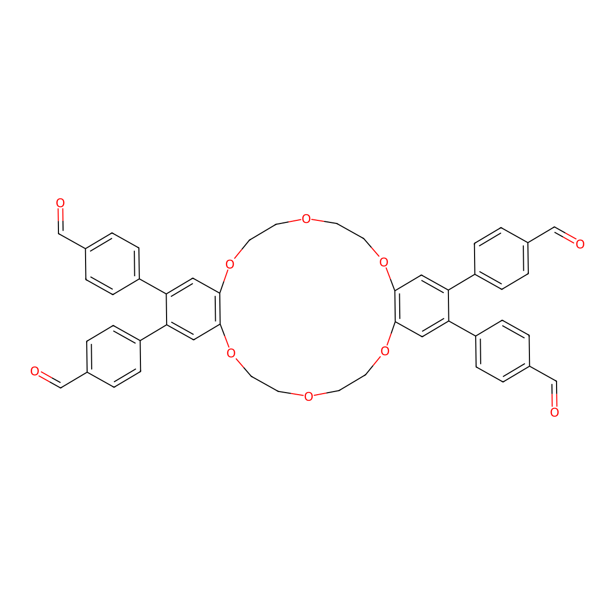 4,4',4'',4'''-(6,7,9,10,17,18,20,21-Octahydrodibenzo[b,k][1,4,7,10,13,16]hexaoxacyclooctadecine-2,3,13,14-tetrayl)tetrabenzaldehyde molecular structure, CAS 2837061-91-1