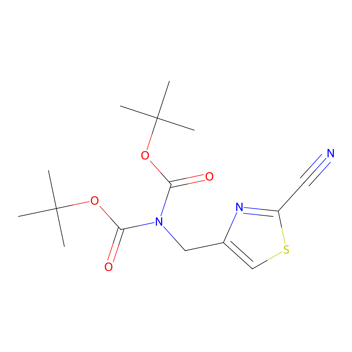 tert-butyl N-((tert-butoxy)carbonyl)-N-((2-cyano-1,3-thiazol-4-yl)methyl)carbamate molecular structure, CAS 2839139-27-2