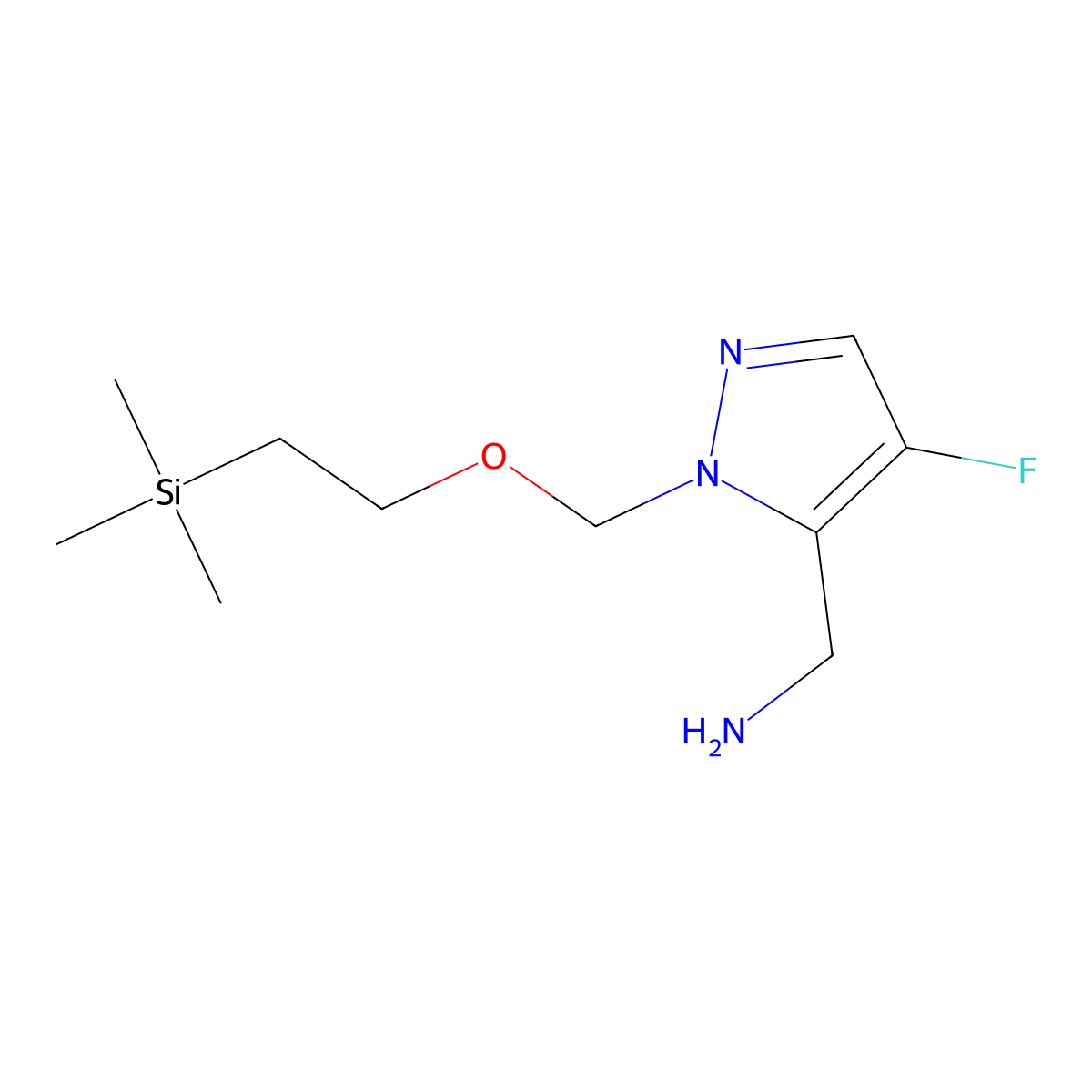 1-(4-fluoro-1-{[2-(trimethylsilyl)ethoxy]methyl}-1H-pyrazol-5-yl)methanamine molecular structure, CAS 2839139-44-3
