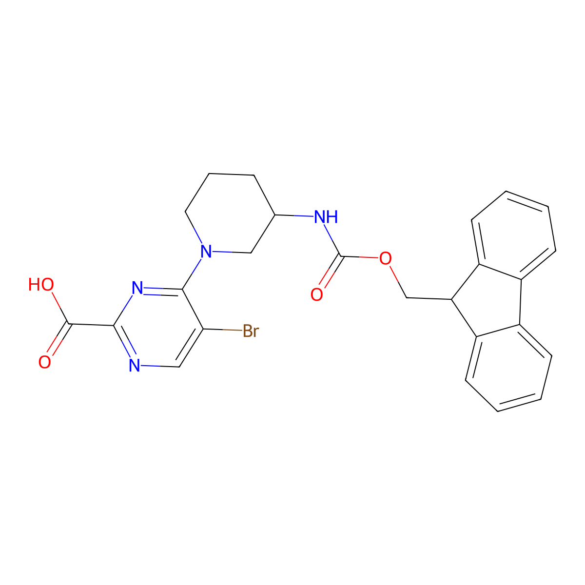 5-bromo-4-[3-({[(9H-fluoren-9-yl)methoxy]carbonyl}amino)piperidin-1-yl]pyrimidine-2-carboxylic acid molecular structure, CAS 2839144-12-4