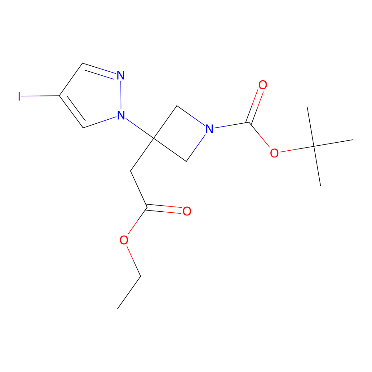 tert-butyl3-(2-ethoxy-2-oxoethyl)-3-(4-iodo-1H-pyrazol-1-yl)azetidine-1-carboxylate molecular structure, CAS 2839156-44-2