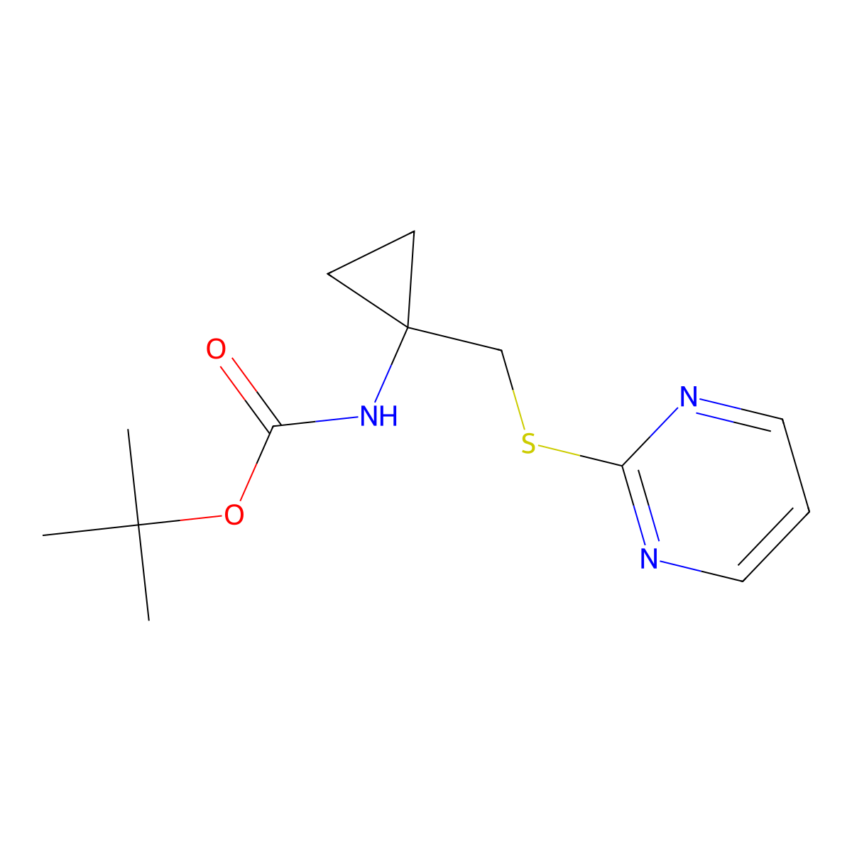 tert-butyl N-{1-[(pyrimidin-2-ylsulfanyl)methyl]cyclopropyl}carbamate molecular structure, CAS 2839158-13-1