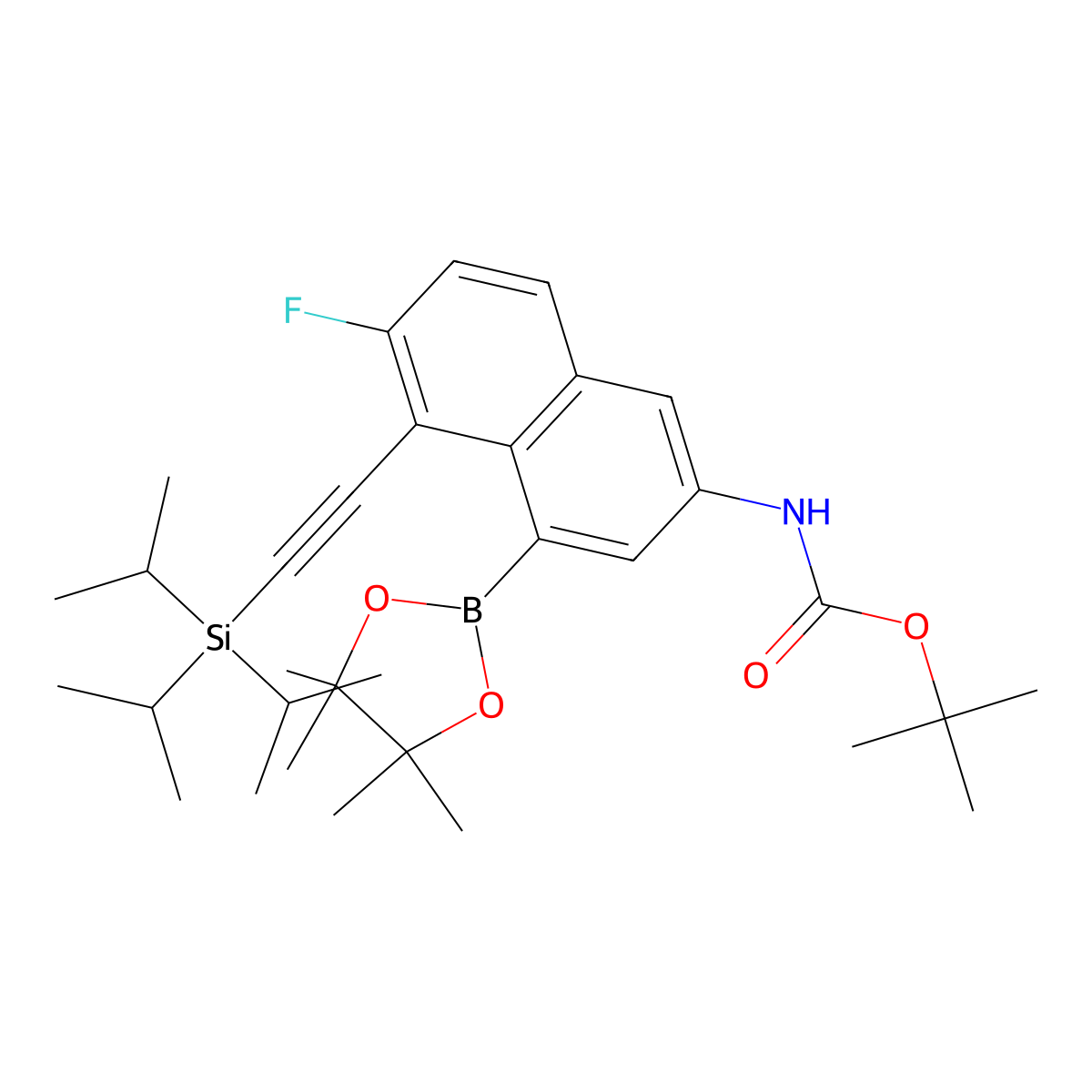 tert-Butyl (6-fluoro-4-(4,4,5,5-tetramethyl-1,3,2-dioxaborolan-2-yl)-5-((triisopropylsilyl)ethynyl)naphthalen-2-yl)carbamate molecular structure, CAS 2839207-57-5