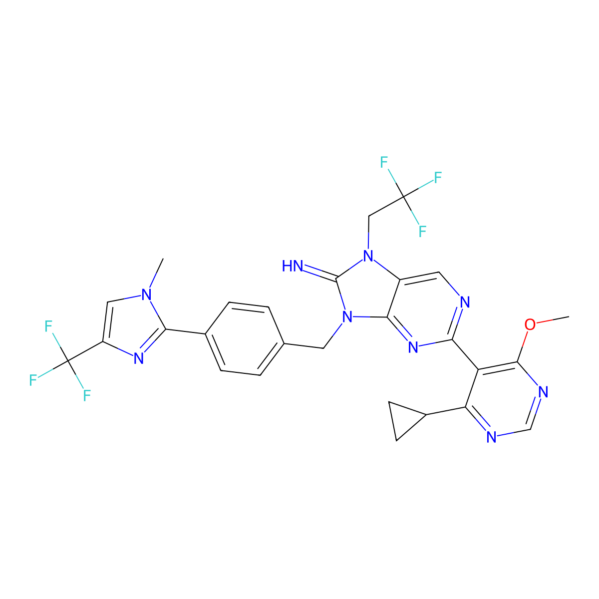 2-(4-cyclopropyl-6-methoxypyrimidin-5-yl)-9-(4-(1-methyl-4-(trifluoromethyl)-1H-imidazol-2-yl)benzyl)-7-(2,2,2-trifluoroethyl)-7,9-dihydro-8H-purin-8-imine molecular structure, CAS 2839740-79-1