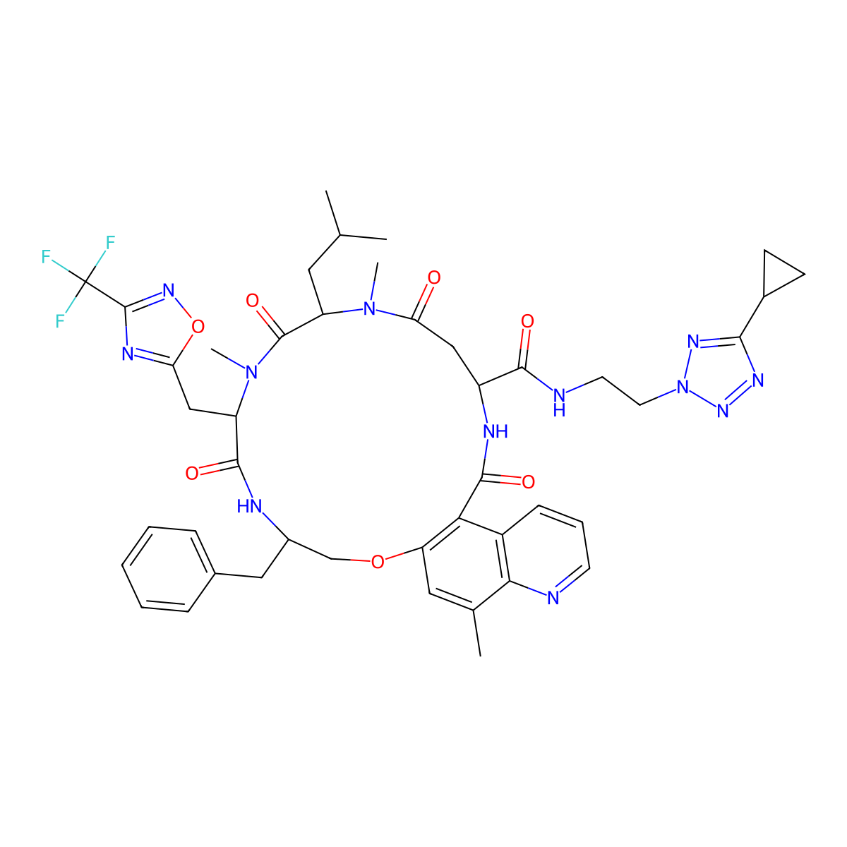 (4R,7R,10S,14S)-4-benzyl-N-[2-(5-cyclopropyltetrazol-2-yl)ethyl]-8,11,24-trimethyl-10-(2-methylpropyl)-6,9,12,16-tetraoxo-7-[[3-(trifluoromethyl)-1,2,4-oxadiazol-5-yl]methyl]-2-oxa-5,8,11,15,22-pentazatricyclo[15.8.0.018,23]pentacosa-1(17),18(23),19,21,24-pentaene-14-carboxamide molecular structure, CAS 2839901-24-3