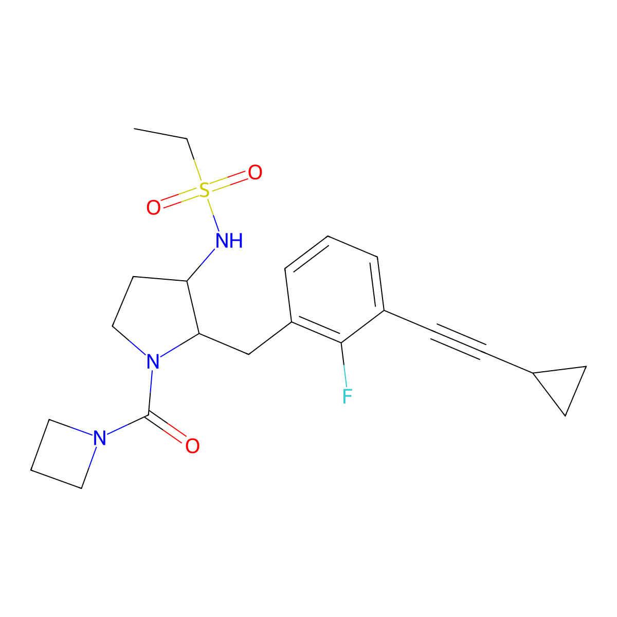 N-((2S,3S)-1-(azetidine-1-carbonyl)-2-(3-(cyclopropylethynyl)-2-fluorobenzyl)pyrrolidin-3-yl)ethanesulfonamide molecular structure, CAS 2843553-81-9