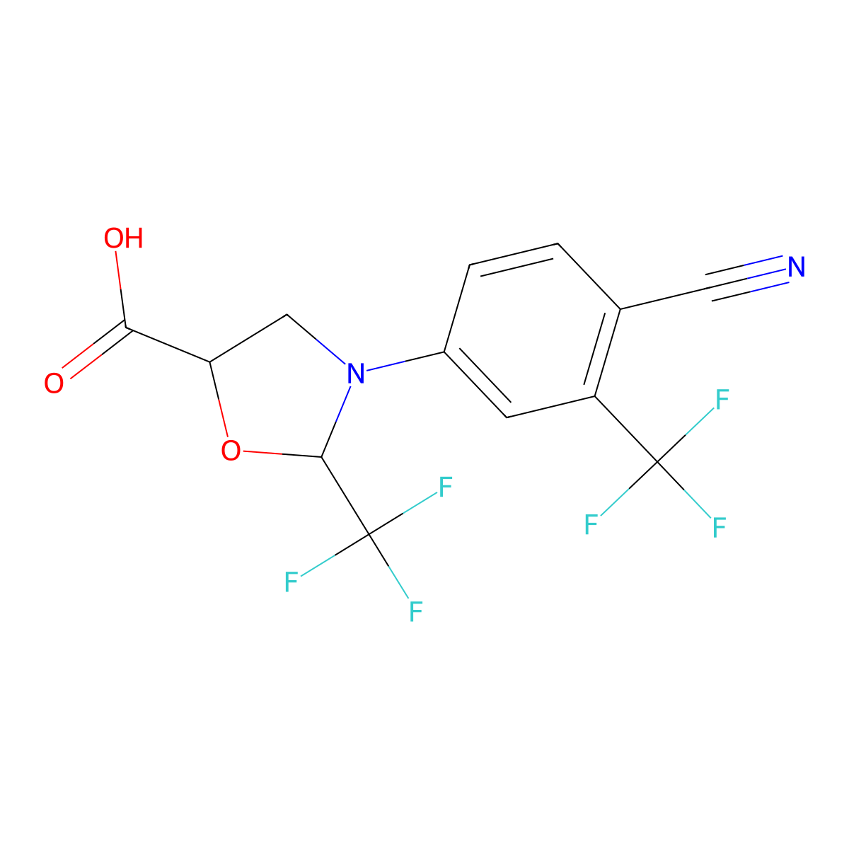(5S)-3-(4-Cyano-3-(trifluoromethyl)phenyl)-2-(trifluoromethyl)oxazolidine-5-carboxylic acid molecular structure, CAS 2845120-31-0