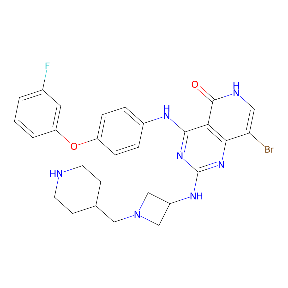 8-Bromo-4-[[4-(3-fluorophenoxy)phenyl]amino]-2-[[1-(4-piperidylmethyl)-3-azetidinyl]amino]pyrido[4,3-d]pyrimidin-5(6H)-one molecular structure, CAS 2845127-21-9