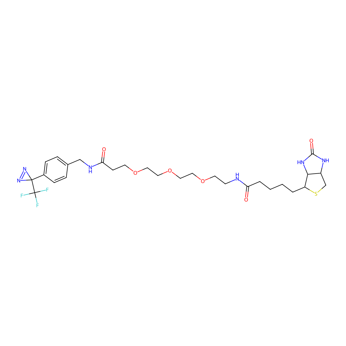 5-[(3aS,4S,6aR)-2-oxo-hexahydro-1H-thieno[3,4-d]imidazol-4-yl]-N-{2-[2-(2-{2-[({4-[3-(trifluoromethyl)-3H-diazirin-3-yl]phenyl}methyl)carbamoyl]ethoxy}ethoxy)ethoxy]ethyl}pentanamide molecular structure, CAS 2845211-64-3